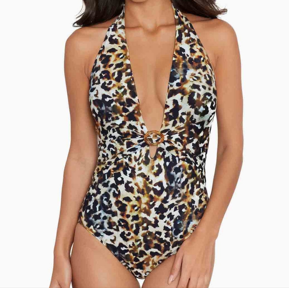 🆕Amoressa cheetah leopard print one piece summer vaca open back halter swimsuit
